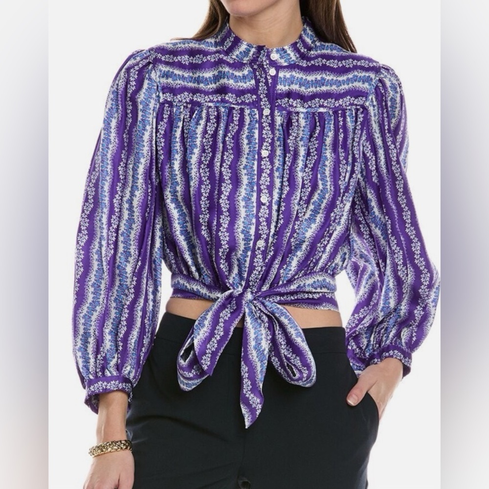 Sandro Silk Floral Stripe Purple Blue Balloon Sleeve Button Tie Cropped Blouse S - Picture 4 of 17